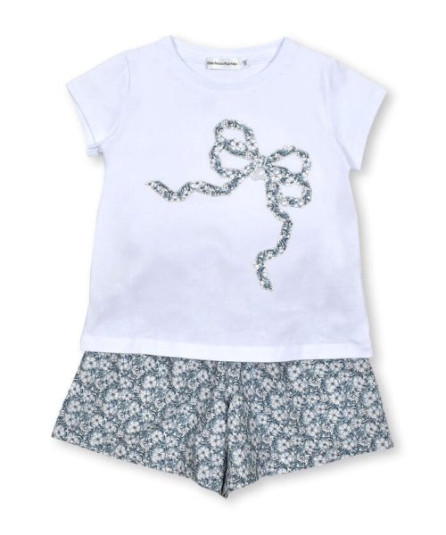 BeBe Petits Pois Vert(ベベ プチ ポワ ヴェール)/花柄リボンTシャツセットアップ(95~150cm)/ブルー系