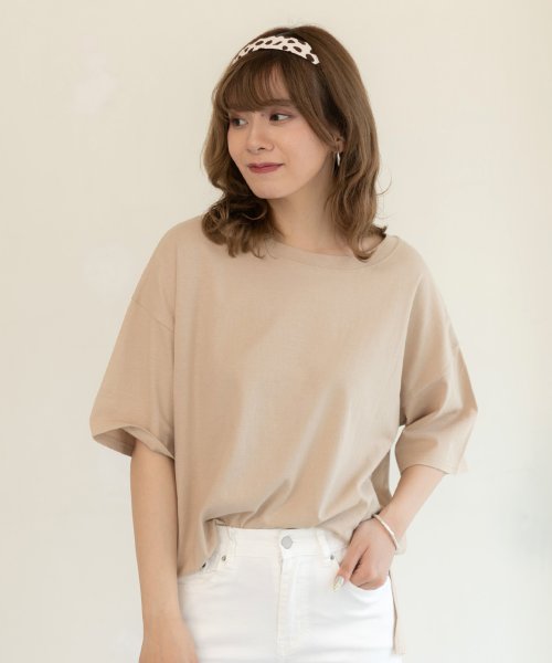 ad thie(アドティエ)/オーバーサイズチュニックTシャツ カット チュニック ゆったり サイドスリット トップス Ｔシャツ /ベージュ