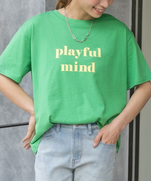 ad thie(アドティエ)/ロゴプリントTシャツ　Tシャツ　カットソー　トップス　半袖　レディース　ロゴ　カジュアル　コットン　お家コーデ　ロゴT　ゆったり　クルーネック　新色/グリーン