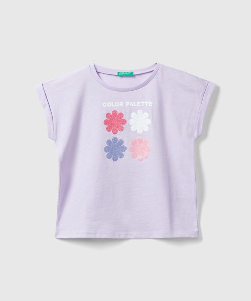 BENETTON (UNITED COLORS OF BENETTON GIRLS)(ユナイテッド　カラーズ　オブ　ベネトン　ガールズ)/キッズフロントグリッタープリント半袖Tシャツ・カットソーG/ラベンダー