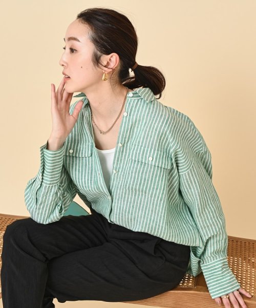 【セットアップ可能／真夏も快適】リネンストライプ レギュラーシャツ 