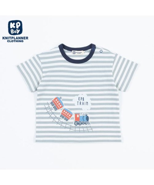 KP BOY(ケーピーボーイ)/KPBOY(ケーピーボーイ)汽車プリントアップリケのボーダーTシャツ(80～90)/サックス