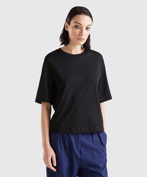 BENETTON (women)(ベネトン（レディース）)/クルーネック5分袖Tシャツ・カットソー/ブラック