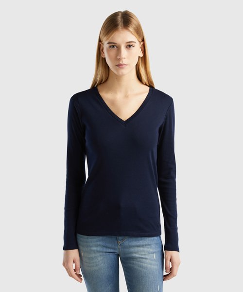 BENETTON (women)(ベネトン（レディース）)/コットン100％Vネックブランドロゴ刺繍入り長袖Tシャツ・カットソー/ネイビー