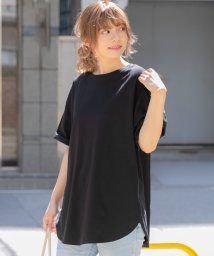 ad thie(アドティエ)/裾 ラウンド Tシャツ 半袖 スリット 無地 コットン 100 綿 ゆったり ロング チュニック ロンT/ブラック