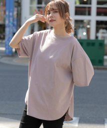 ad thie(アドティエ)/裾 ラウンド Tシャツ 半袖 スリット 無地 コットン 100 綿 ゆったり ロング チュニック ロンT/ダークピンク