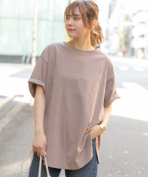 ad thie(アドティエ)/裾 ラウンド Tシャツ 半袖 スリット 無地 コットン 100 綿 ゆったり ロング チュニック ロンT/モカ