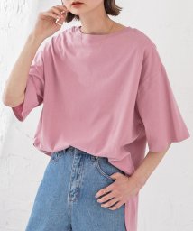 ad thie(アドティエ)/裾 ラウンド Tシャツ 半袖 スリット 無地 コットン 100 綿 ゆったり ロング チュニック ロンT/ピンク系1