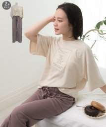 ad thie(アドティエ)/カリグラフィ ロゴ プリント Tシャツ ＆ リボン付き ワイドパンツ 2枚 セット ルームウエア 半袖 長ズボン 春 夏/アイボリー