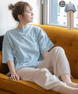 ad thie/カリグラフィ ロゴ プリント Tシャツ ＆ リボン付き ワイドパンツ 2枚 セット ルームウエア 半袖 長ズボン 春 夏/505910783