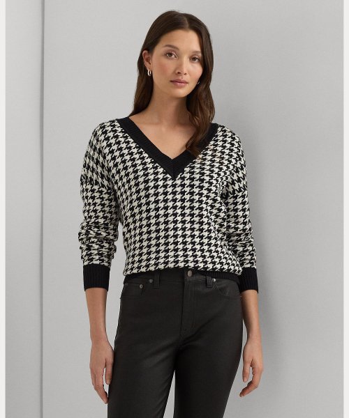 【セットアップ対応商品】ハウンドトゥース ジャカード Vネック セーター Cotton TM
