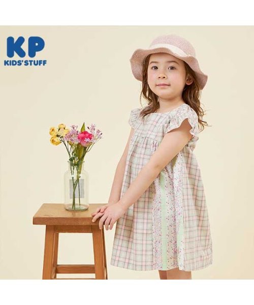 KP(ケーピー)/KP(ケーピー)先染めチェックとストライププリントの半袖ワンピース(100～130)/ピンク