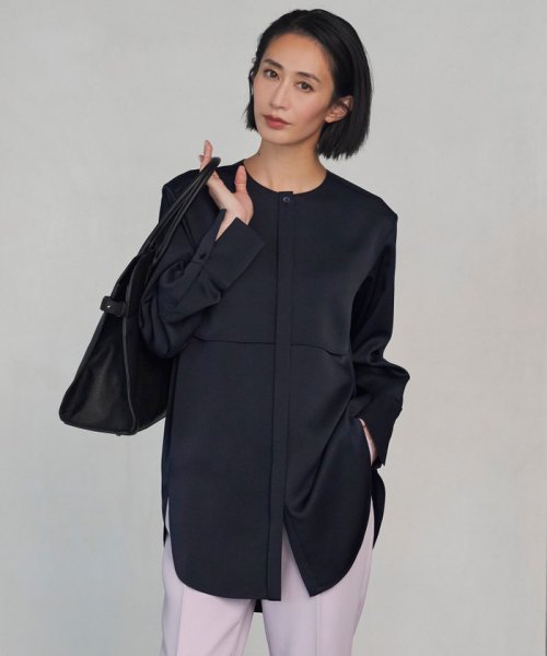 セール】【洗える】サテンクレープ ノーカラーブラウス(505984893  