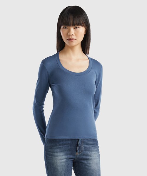 BENETTON (women)(ベネトン（レディース）)/ロゴ刺繍入りUネック長袖Tシャツ・カットソー/ダークブルー