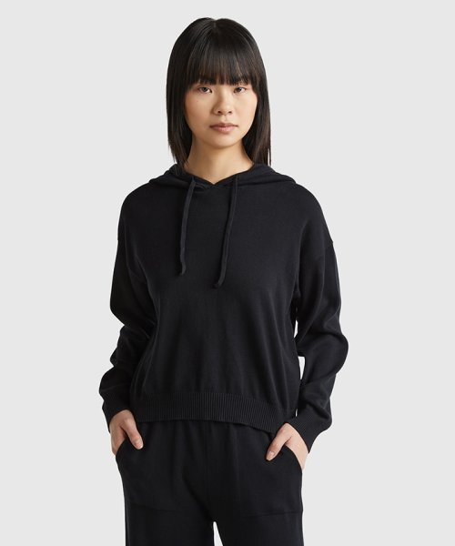 BENETTON (women)(ベネトン（レディース）)/【セットアップ対応商品】コットン100％無地ニットパーカー/ブラック