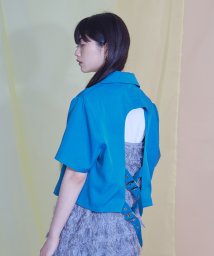 miette(ミエット)/バックベルト半袖テーラードジャケット/ブルー