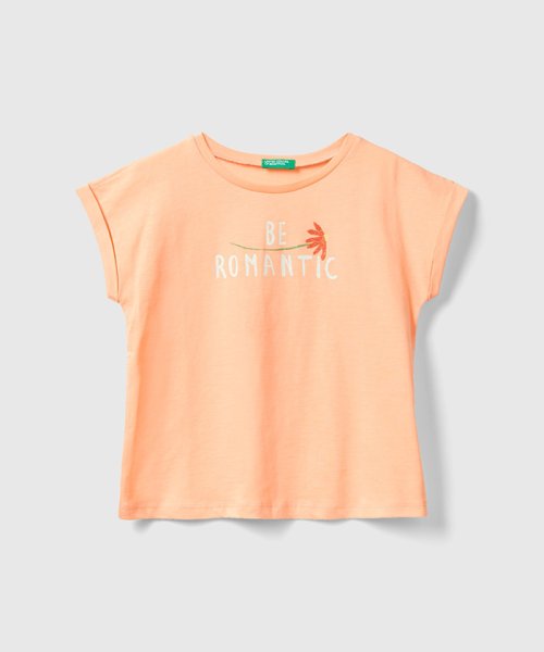 BENETTON (UNITED COLORS OF BENETTON GIRLS)(ユナイテッド　カラーズ　オブ　ベネトン　ガールズ)/キッズフロントグリッタープリント半袖Tシャツ・カットソーG/オレンジ