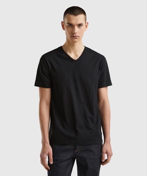 BENETTON (mens)(ベネトン（メンズ）)/スラブコットンVネック半袖Tシャツ・カットソー/ブラック