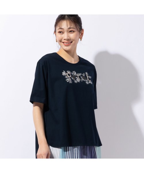 MISSEL(ミゼール)/Petal刺繍 ラウンドヘムTシャツ/ダークブルー