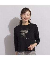 Liliane Burty ECLAT(リリアンビューティエクラ)/【S・Mサイズ】配色使い刺繍　加工Tシャツ/ブラック