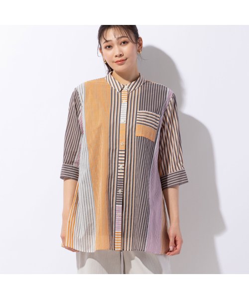 マルチストライプ 綿ローンシャツ 