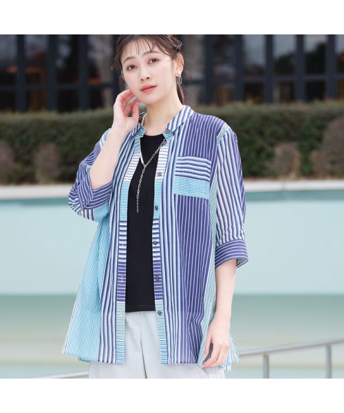 マルチストライプ 綿ローンシャツ 