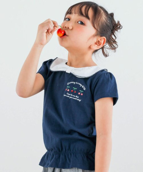 セール】リボン襟キラキラビジューチェリープリント半袖Tシャツ(80  