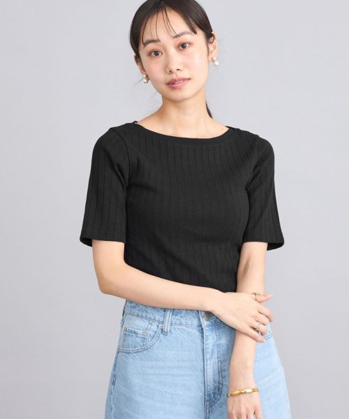 coen(coen)/【WEB限定】USAコットンワイドリブボートネックTシャツ/BLACK