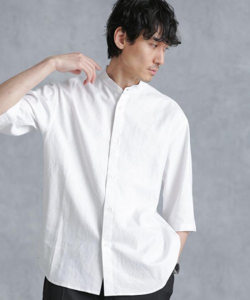 nano・universe(ナノ・ユニバース)/フレンチリネン バンドカラーシャツ 7分袖/ホワイト