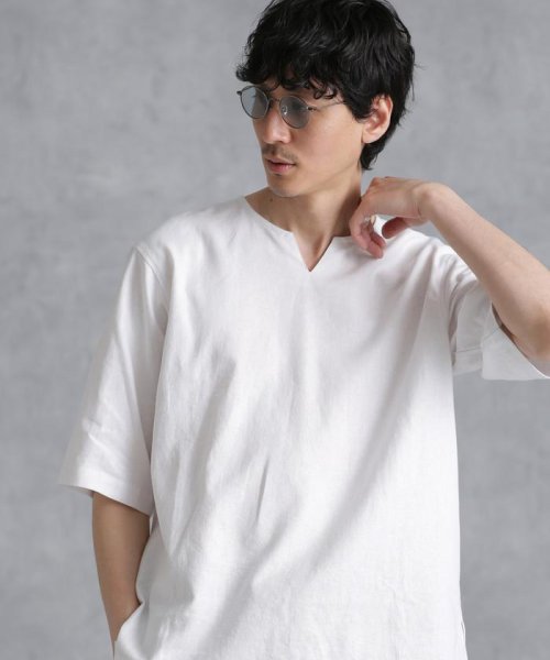 nano・universe(ナノ・ユニバース)/フレンチリネンプルオーバーシャツ 半袖/ホワイト
