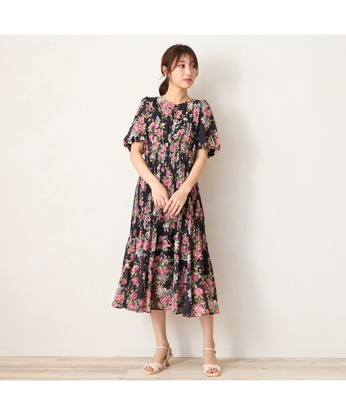 ローズティアラ　半袖ワンピース　ローズプリント　Aライン サイズ50 ローズティアラ RoseTiara ローズプリントワンピース(505993737)｜阪急