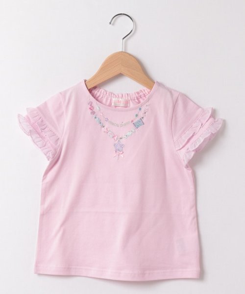 mezzo piano(メゾピアノ)/キャンディネックレス刺繍　半袖Tシャツ/ピンク