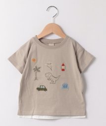 petit main(プティマイン)/キャンプ恐竜刺繍Tシャツ/グレー