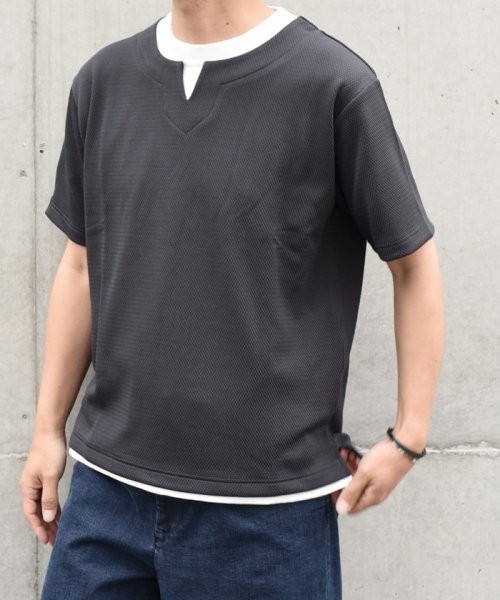 SHIPS any MEN(シップス　エニィ　メン)/*SHIPS any: キーネック ジャカード フェイクレイヤード Tシャツ◇/ダークグレー