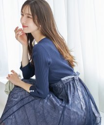 tocco closet(トッコクローゼット)/リボン＆パール付きハイウエスト切り替えレースドッキング七分袖ワンピース/NAVY