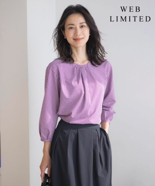 J.PRESS LADIES（LARGE SIZE）(J．プレス　レディス（大きいサイズ）)/【WEB限定カラーあり】ストライプジャカード フロントタック カットソー/パープル系1