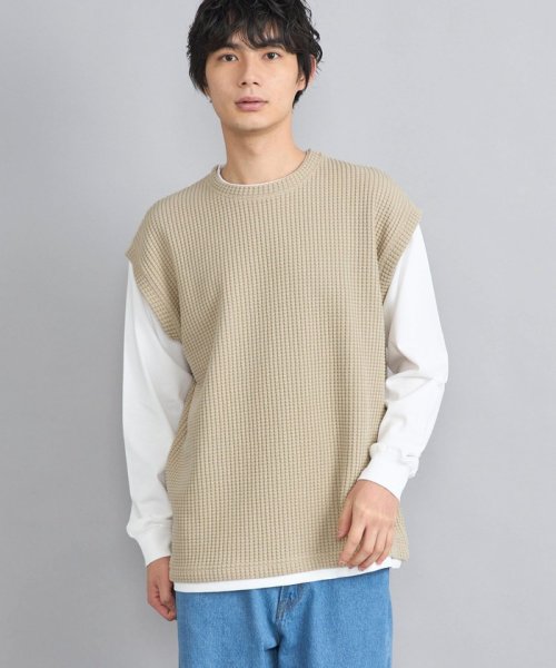 coen(coen)/フェイクレイヤードワッフルロングスリーブTシャツ/BEIGE