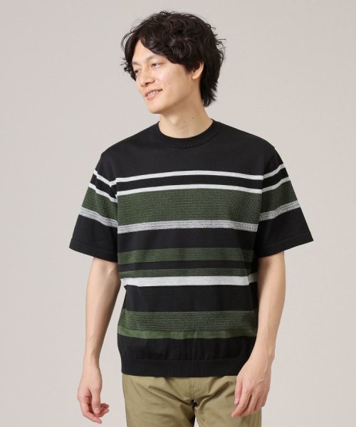 TAKEO KIKUCHI(タケオキクチ)/【ニットTシャツ】麻ブレンド パネルボーダー/ブラック（319）