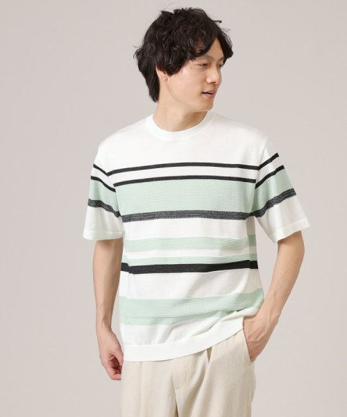TAKEO KIKUCHI(タケオキクチ)/【ニットTシャツ】麻ブレンド パネルボーダー/ホワイト（301）