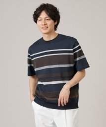 TAKEO KIKUCHI(タケオキクチ)/【ニットTシャツ】麻ブレンド パネルボーダー/ブルー（393）