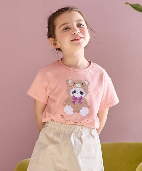 anyFAM（KIDS）(エニファム（キッズ）)/ミラクルスパンコール 半袖 Tシャツ/ピンク×クマ