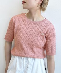 w closet(ダブルクローゼット)/ロゴ刺しゅう半袖ニットプルオーバー/ピンク