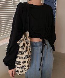 shopnikoniko/クロップド丈 裾絞りスウェットma 【即納】ショート丈 ミニ丈 長袖 トップス ロングTシャツ トレーナー フロントリボン 裾ドロスト ボリューム袖 無地 レデ/506008022