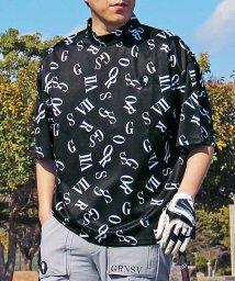 TopIsm(トップイズム)/ゴルフウェア モックネックシャツ メンズ GIORNO SEVEN ジョルノセブン ワイドシルエット ハイネック 半袖 吸湿速乾ドライ トップス 総柄 ロゴ/ブラック
