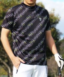 TopIsm(トップイズム)/ゴルフウェア モックネックシャツ メンズ GIORNO SEVEN ジョルノセブン ハイネックTシャツ 半袖 トップス 総柄 ロゴ ストレッチ 吸湿速乾ドライ/ブラック系2