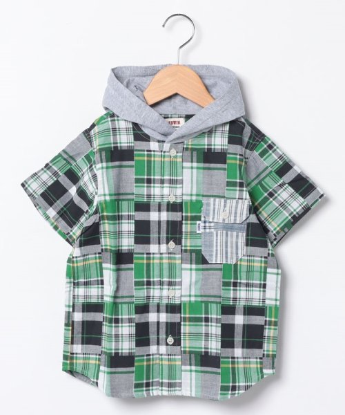 EDWIN(EDWIN)/H/S HOODIE SHIRTS   GREEN CHECK/グリーン