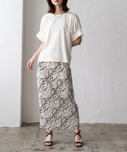 セール】アート柄プリーツタイトスカート ゴム ロング ハイウエスト  