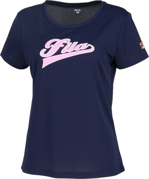 FILA（ZETT Ladies）(フィラ（ゼット　レディース）)/【テニス】パイルメッシュボーダー バックホールメッシュ アップリケTシャツ　レディース/ネイビー