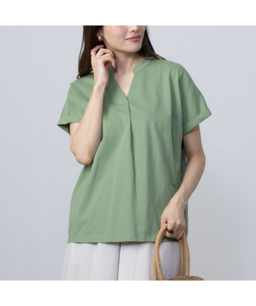 MAC HOUSE(women)(マックハウス（レディース）)/NAVY ネイビー ベーシックスキッパーTシャツ ENV240002/グリーン