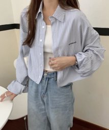 shopnikoniko/ストライプ柄 クロップドシャツma 【即納】長袖シャツ ワークシャツ 襟付き ショート丈 クロップド丈 ワンポイントロゴ ストライプ ボーダー  カジュアル レ/506013782